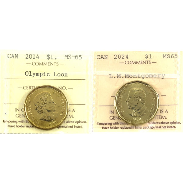 Loon $1 2014  & 2024 Olympic Loon & 2024 L. M. Montgomery ICCS MS65. 2pcs.