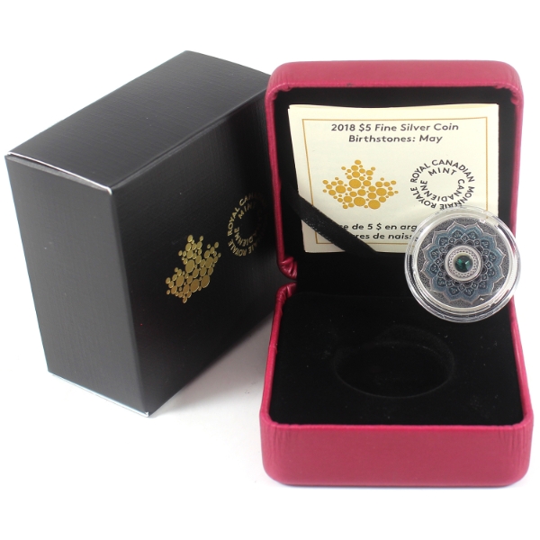 2018 $5 Birthstone: May 7.96g .9999 Fine Silver Coin (Tax Exempt)