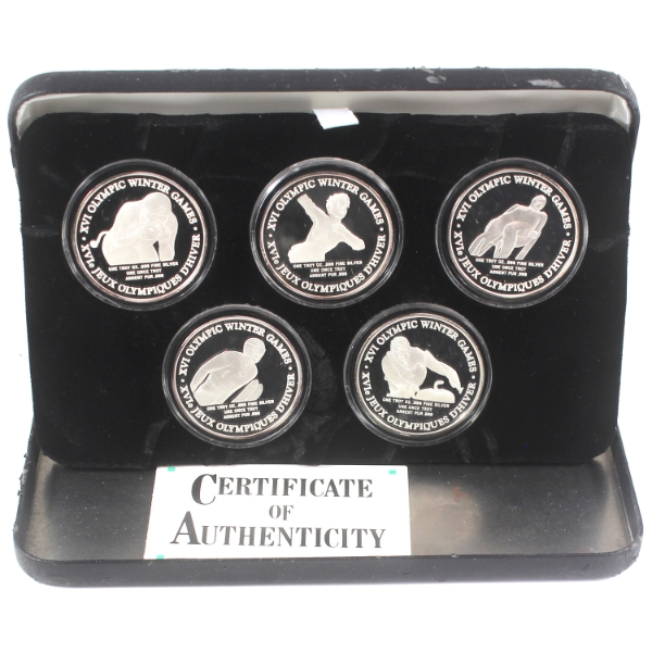 1992 Winter Olympics Albertville, France 5-Piece 1oz .999 Fine Silver Medallions (Tax Exempt)