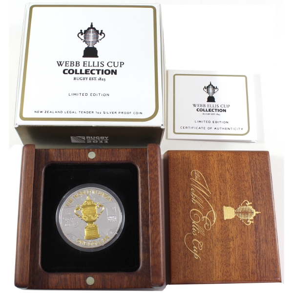 1oz New Zealand 2011 $1 Webb Ellis Cup .999 Fine Silver w/ .999 Fine Gold Gilding (Tax Exempt)