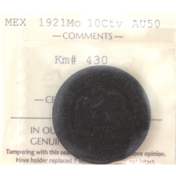Mexico 1921Mo 10 Centavos ICCS AU50, KM-430