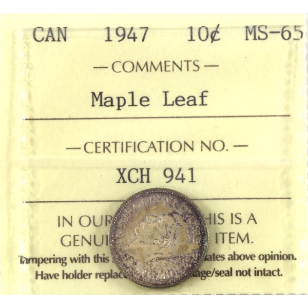 10-cent 1947 Maple Leaf ICCS MS65 
