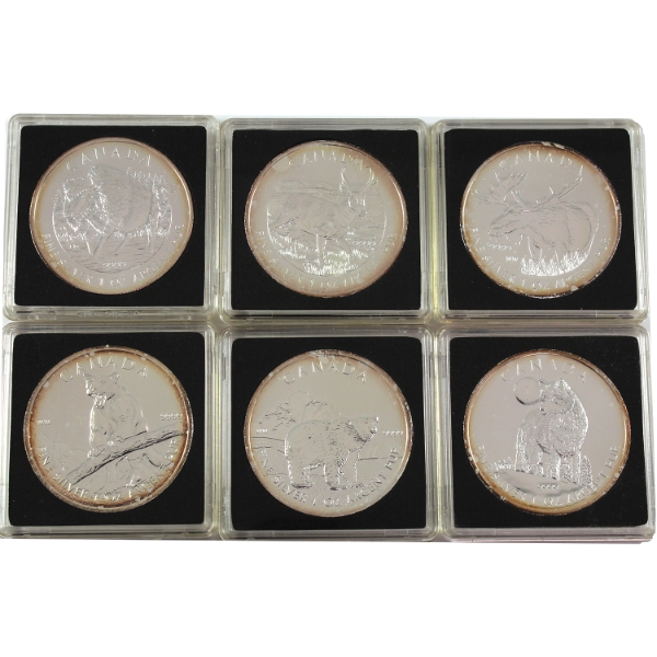 6x 1oz 2011-2013 $5 Canadian Wildlife Series .9999 Fine Silver Coins. 6pcs. (Tax Exempt)