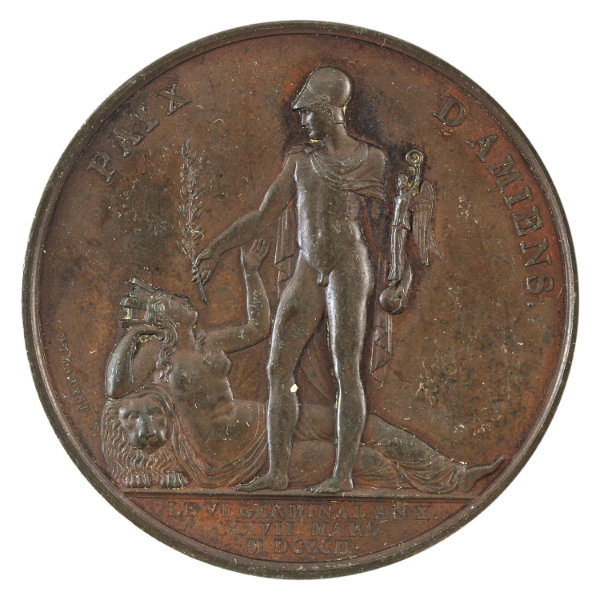 France 1802 Original Napoleon Bonaparte Premier Consul Paix D'amiens Bronze Medallion 60.5g, 50mm