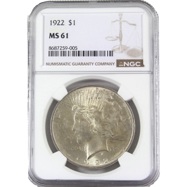 USA Silver 1922 Peace Dollar NGC MS61