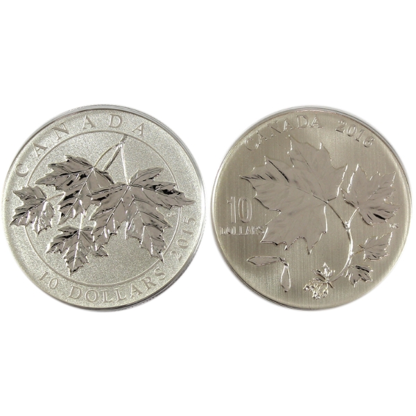 2015 Maple Leaf & 2016 Canadian Maple Leaves $10 1/2oz .9999 Fine Silver Coins. 2pcs (Tax Exempt)