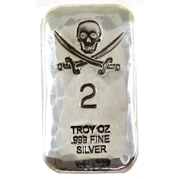 2oz Rocky Shore Silver Co. Skull & Swords .999 Fine Silver Bar (Tax Exempt)