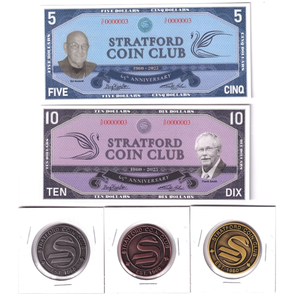 1960-2025 Stratford Coin Club 65th Anniversary Note and Medal Set - 2x Notes & 3x Medals. 5pcs