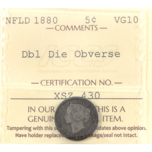 Newfoundland 5-cent 1880 Dbl Die Obverse ICCS VG10