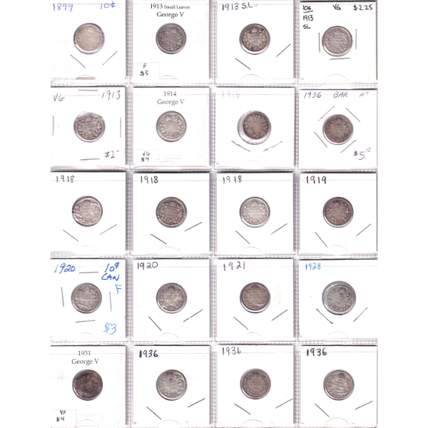 Bulk Collection of 10-cent 1899-1936 in 20-Pocket Sheet. 20pcs.