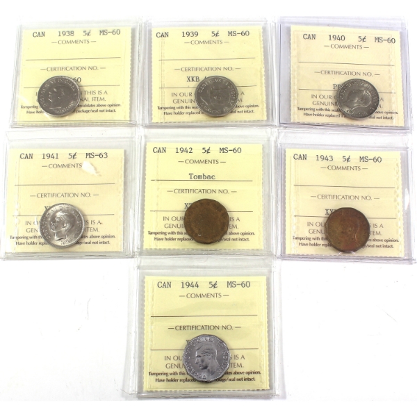 5-cent 1938-1944 ICCS MS60 to MS63. 7pcs