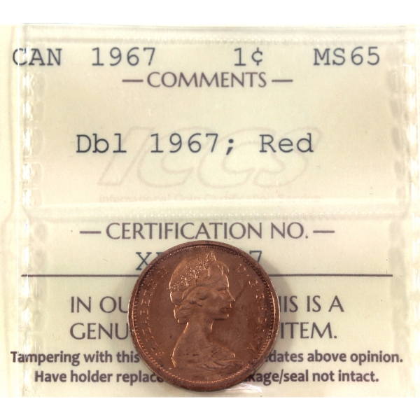 1-cent 1967 Double 1967 ICCS MS65 Red