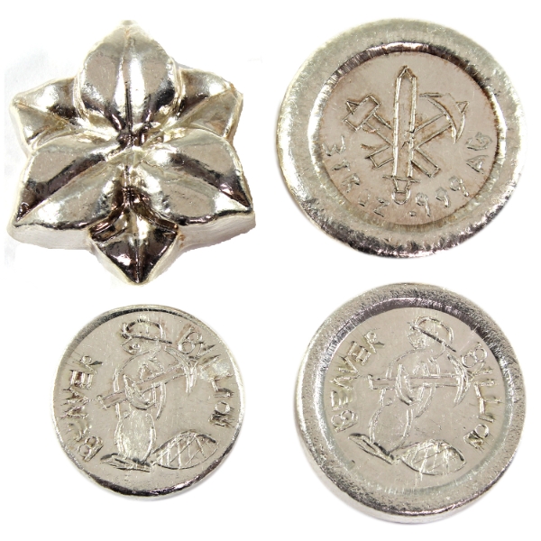 9oz Lot Total! Assorted Beaver Bullion .999 Fine Shaped Silver & Rounds. 4pcs. (Tax Exempt)