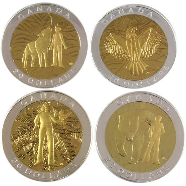 2014 $20 The Seven Sacred Teachings 1oz .9999 Fine Silver Coins w/ Selective Gold Plating. 4pcs.