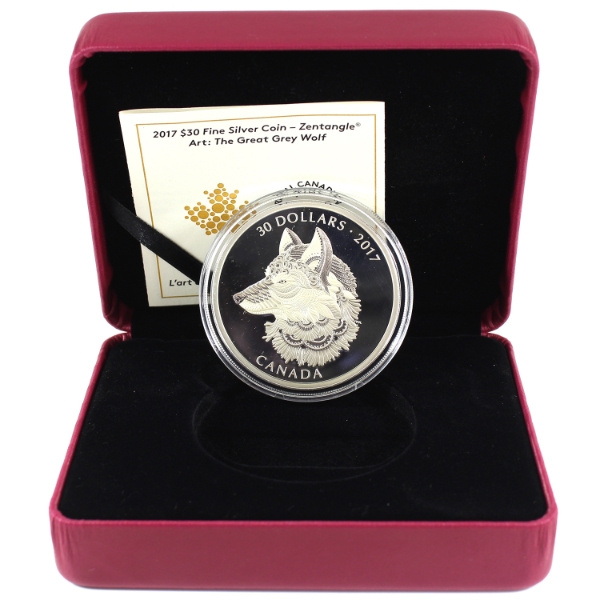 2017 $30 Zentangle Art: The Great Grey Wolf 2oz .9999 Fine Silver Coin (Tax Exempt)