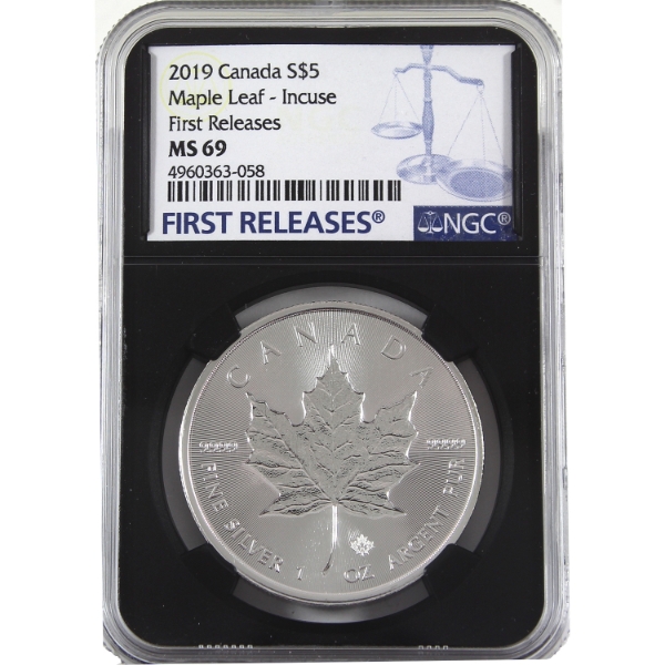 2019 $5 Silver Maple Leaf - Incuse First Releases 1oz .9999 Fine Silver Coin NGC MS69 (Tax Exempt)