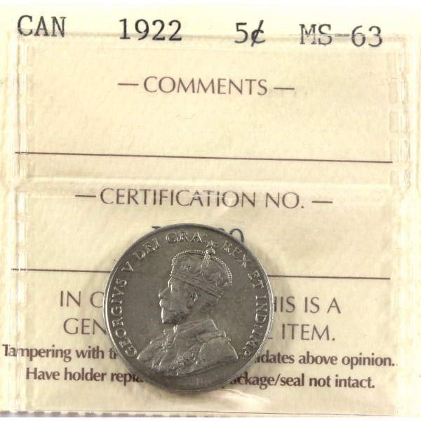 5-cent 1922 Near Rim ICCS MS63