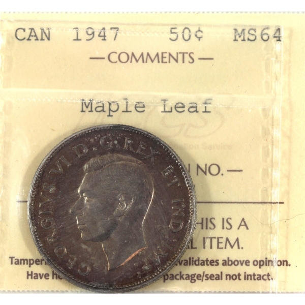 50-cent 1947 Maple Leaf ICCS MS64