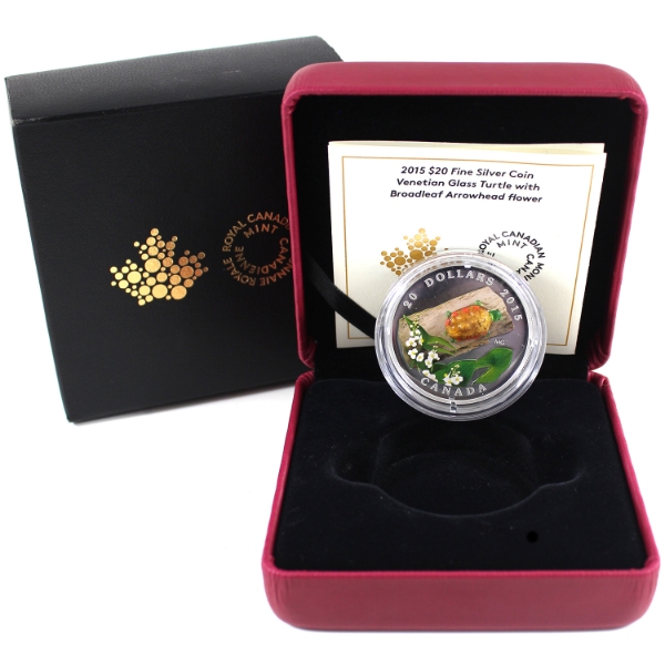 2015 $20 Venetian Glass Turtle with Broadleaf Arrowhead Flower Fine Silver Coin 