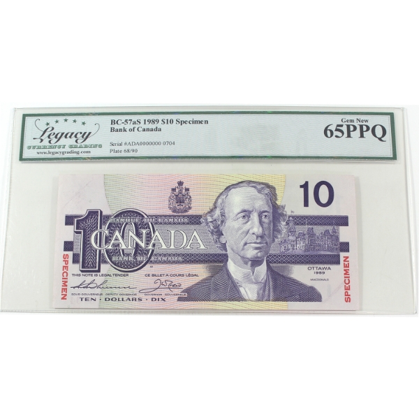 BC-57aS 1989 $10 SPECIMEN Legacy GEM UNC65 PPQ Theissen-Crow SN: ADA0000000 0704
