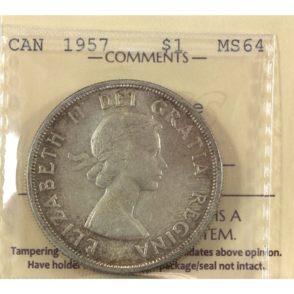 Silver $1 1957 1 Waterline ICCS MS64
