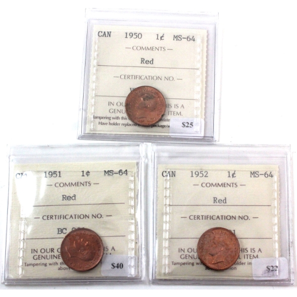 1-cent 1950, 1951 & 1952 ICCS MS64 Red. 3pcs