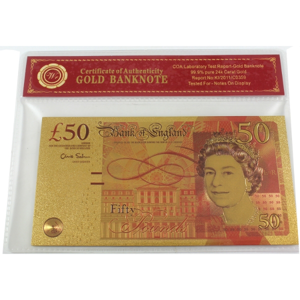 Great Britain N.D. 50 Pounds 24kt Gold Banknote in Certified Holder