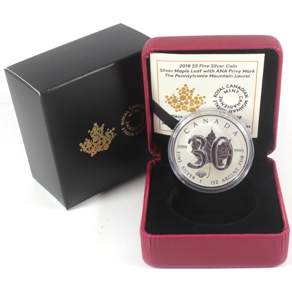 2018 $5 30th Ann. SML w/ Pennsylvania Mountain Laurel Privy 1oz .9999 Fine Silver Coin (Tax Exempt)