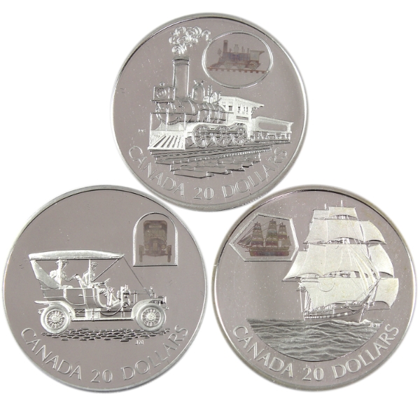 2001 $20 Transportation Series 1oz .925 Sterling Silver Coins w/ Holographic Cameos. 3pcs.