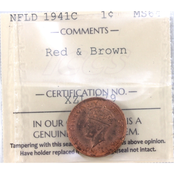 Newfoundland 1-cent 1941C ICCS MS64 Red & Brown