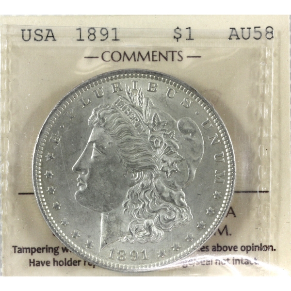 USA 1891 Silver Morgan Dollar ICCS AU58