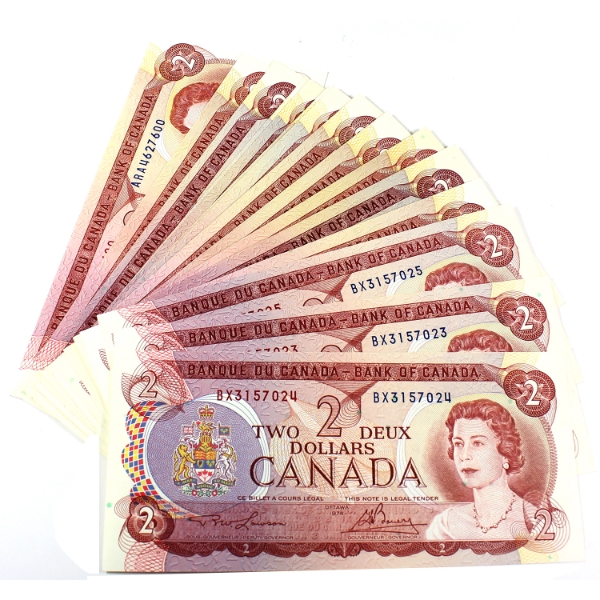 Bulk Lot of 1974 $2 Non-Consecutive Uncirculated Banknotes. 24pcs