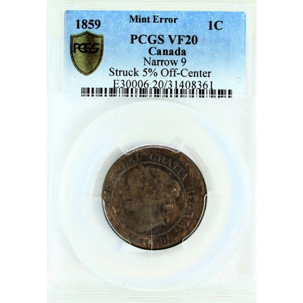 ERROR! 1-cent 1859 Narrow 9 Struck 5% Off-Center PCGS VF20