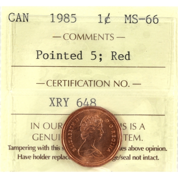 1-cent 1985 Pointed 5 ICCS MS66 Red