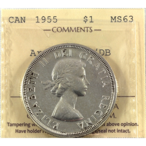 Silver $1 1955 Arnprior w/ Die Break ICCS MS63
