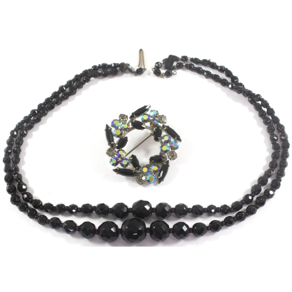 17" Black Beaded Necklace w/ Matching Crystal Brooch. 2pcs.
