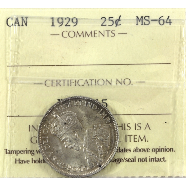 25-cent 1929 ICCS MS64