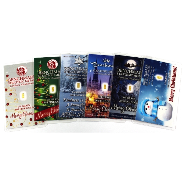 6x 1/4grn Benchmark Strategic Metals .999 Fine Gold Bars in Christmas Themed Cards. 6pcs.