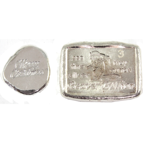 3.5oz Lot Total! 3oz Beaver Bullion Bar & 1/2oz Fine Mint Merry Christmas Round .999 Fine Silver