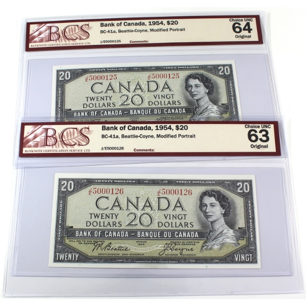 BC-41a 1954 $20 Modified Portrait *Consecutive* BCS CUNC63/64 Original Beattie-Coyne. 2pcs.