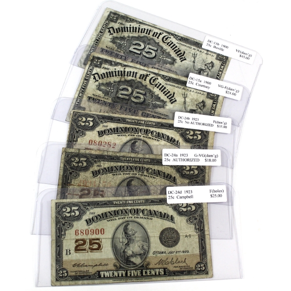 1900 &1923 Dominion of Canada 25c Shinplaster Notes. 5pcs