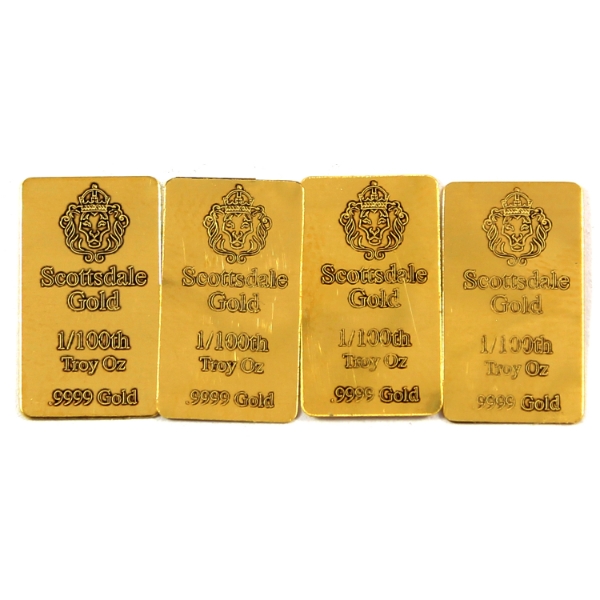 4x 1/100oz Scottsdale Mint .9999 Fine Gold Bars. 4pcs. (Tax Exempt)