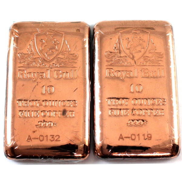 2x 10oz USA Royal Bull .999 Fine Copper Sealed Bar SN: A-0119 & SN: A-0132. 2pcs.