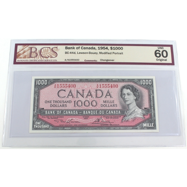 BC-44d 1954 $1000 Modified Portrait BCS UNC60 Original Lawson-Bouey Changeover SN: A/K1555400