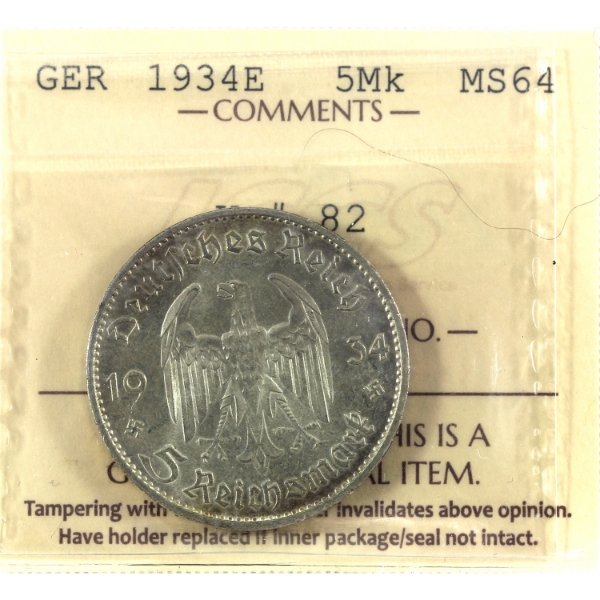 Germany-Third Reich 1934E 5 Mark ICCS MS64