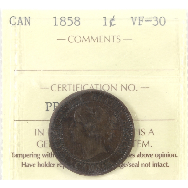 1-cent 1858 ICCS VF30