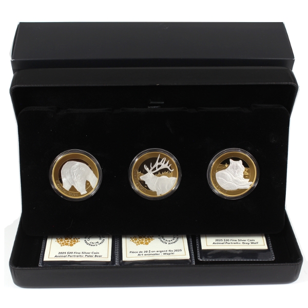 2025 $20 Animal Portraits .9999 Fine Silver 3-Coin Set w/ Selective Yellow Gold Plating (Tax Exempt)