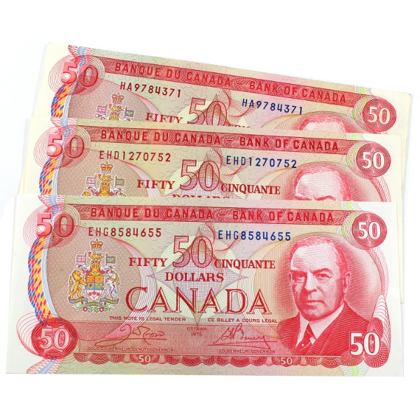 3x 1975 Bank of Canada $50 Notes - Crow-Bouey & 2x Lawson-Bouey. 3pcs