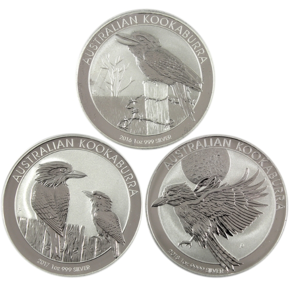 1oz Australia 2016-2018 $1 Kookaburra .9999 Fine Silver Coins. 3pcs. (Tax Exempt)