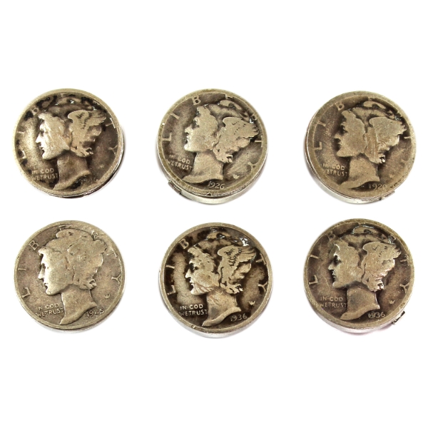 USA Custom Mercury Silver Dime Buttons. 5pcs. 